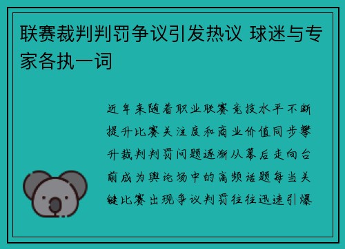 联赛裁判判罚争议引发热议 球迷与专家各执一词